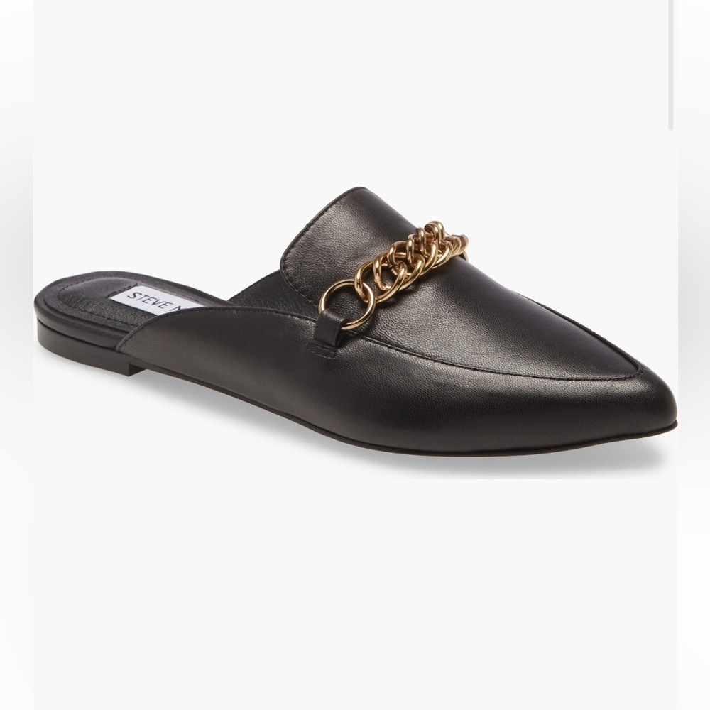 Steve‎ Madden mules flat black with gold chair detail size 8.5